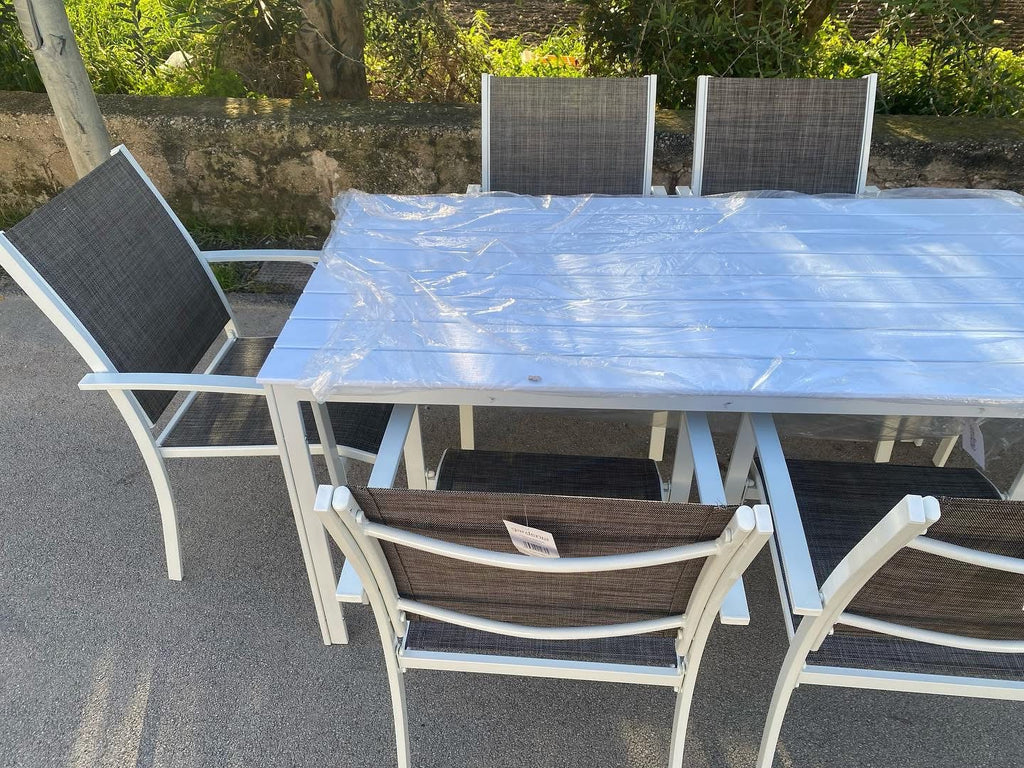 SET TAVOLO MYKONOS 150x80 BIANCO + 6 POLTRONE