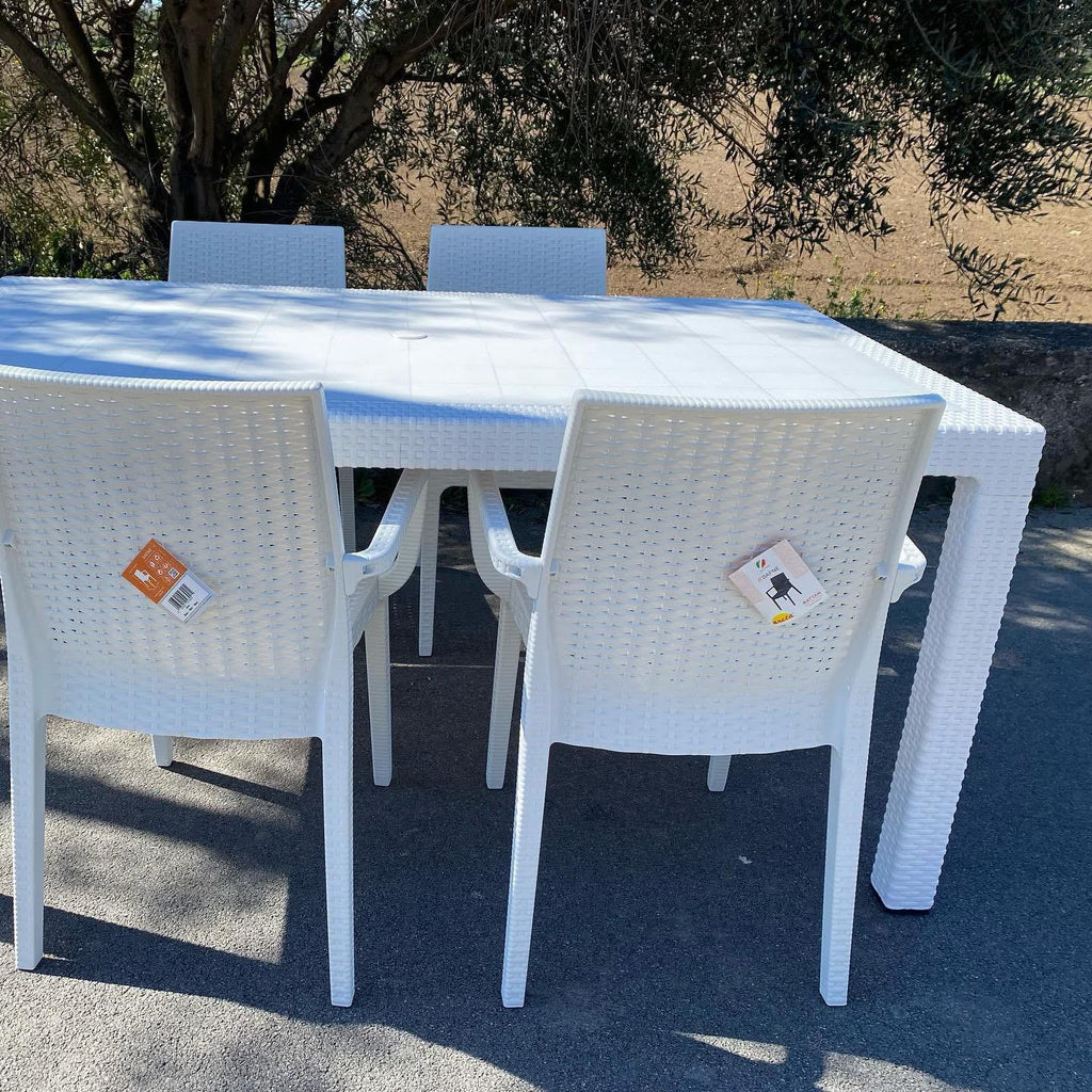 SET TAVOLO RATTAN BIANCO 150x80+ 6 POLTRONE BIANCO