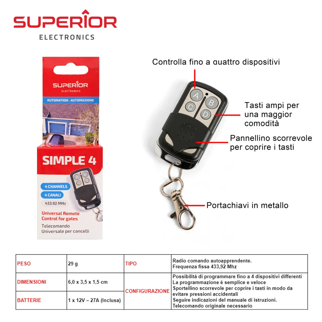 SUPERIOR TELECOMANDO UNIVERSALE PER CANCELLI ELETT.4 PULSANTI SUPRF002