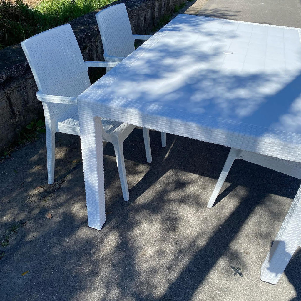 SET TAVOLO RATTAN BIANCO 150x80+ 6 POLTRONE BIANCO