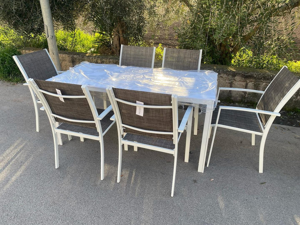 SET TAVOLO MYKONOS 150x80 BIANCO + 6 POLTRONE
