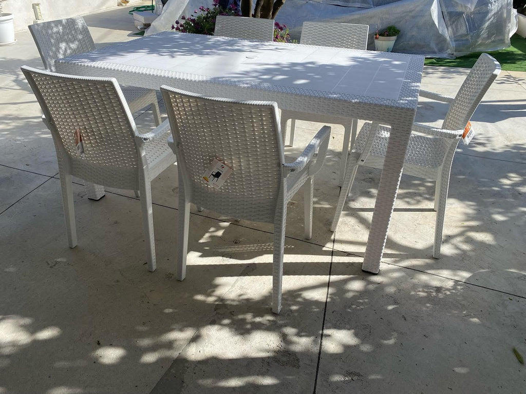 SET TAVOLO RATTAN BIANCO 150x80+ 6 POLTRONE BIANCO