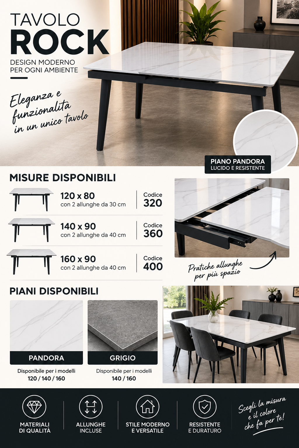 TAVOLO ROCK 120x80 APRIBILE 180 GRIGIO