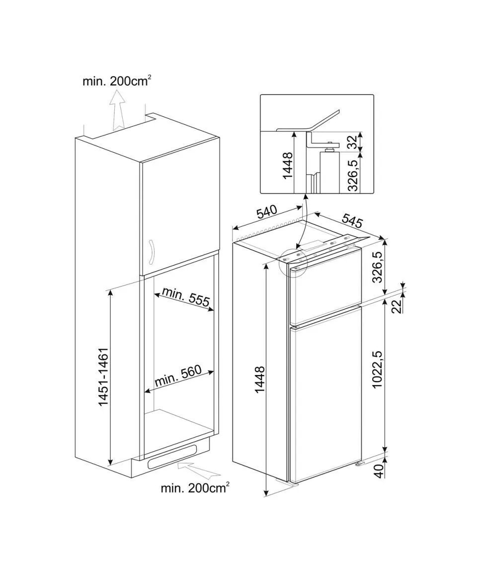 SMEG FRIGO INCASSO DOPPIA PORTA220LT E L54CM H144CM D8140E