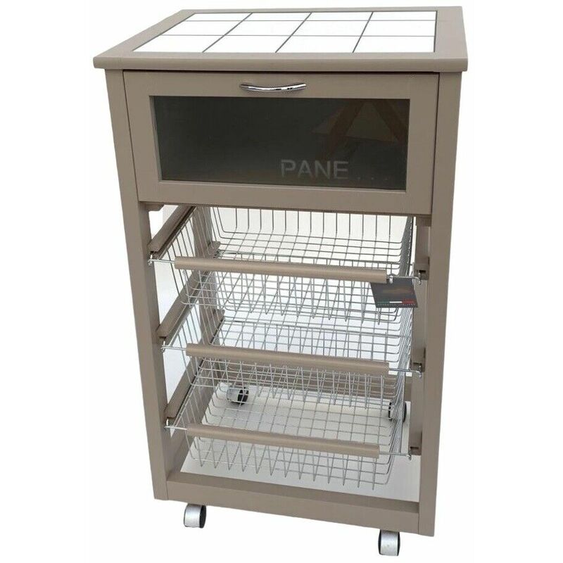 CARRELLO CUCINA IN LEGNO PER PORTAVERDURA CON 3 CESTINI, CASSETTO PORTAPANE E RIPIANO IN MATTONELLE.
TORTORA
