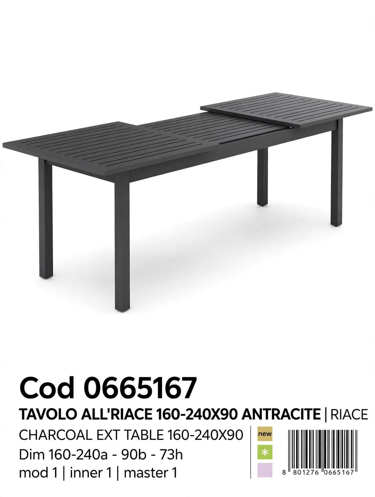 BIZZOTTO TAVOLO RIACE ANTRACITE ALLUMINIO ALLUNGABILE 160/240X90